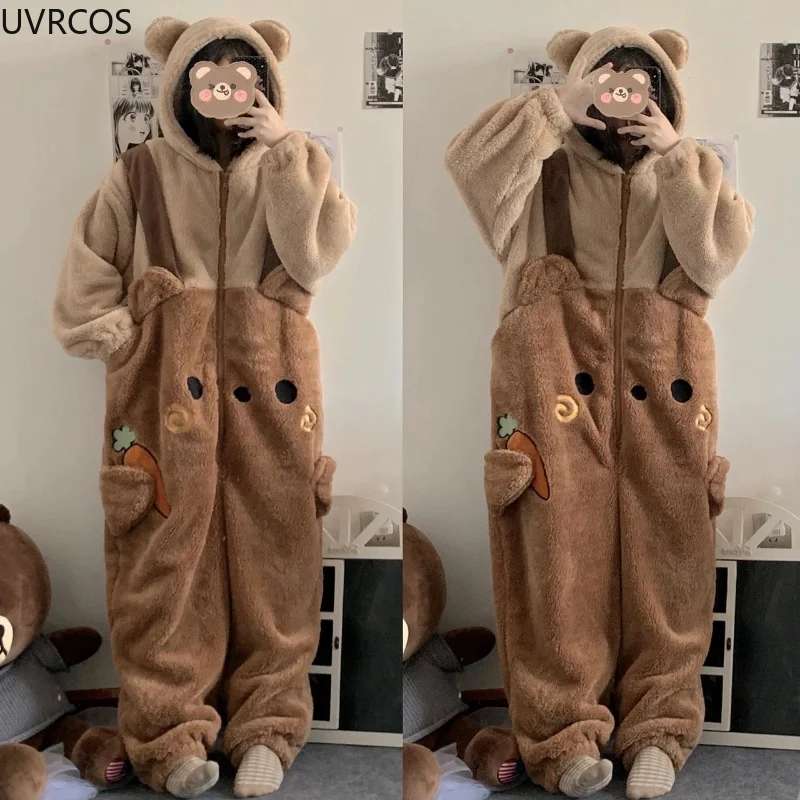 Cute Conjoined Pajamas For Women Warm Coral Fleece Cartoon Bear Ears Hooded Sleepwear Girly Kawaii Home Clothes Full Body Pajama