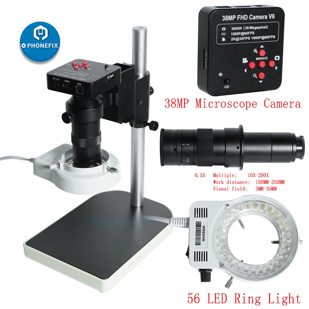 

1080P VGA 38MP HDMI Video Microscope Camera +130X /200X /250X Adjustable Zoom C Mount Lens + 56 LED Ring Light For PCB Soldering