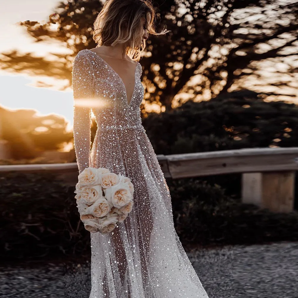 Sexy Illusion Boho abito da sposa maniche con scollo a v Backless Beach paillettes abiti da sposa 2022 Robe matrimonio abiti da sposa