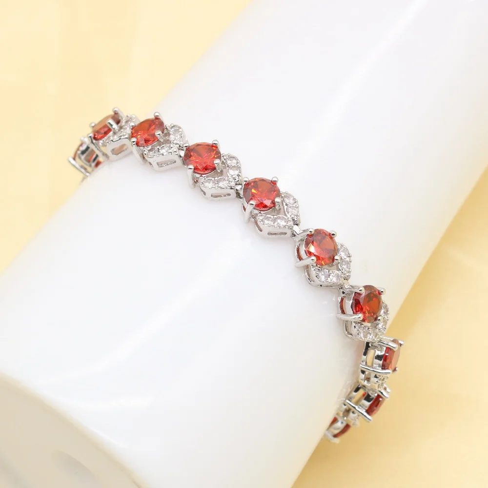 925 Sterling Silver Wedding Jewelry Sets For Women Red Stones Cubic Zirconia Bracelet Earrings Necklace Pendant Ring