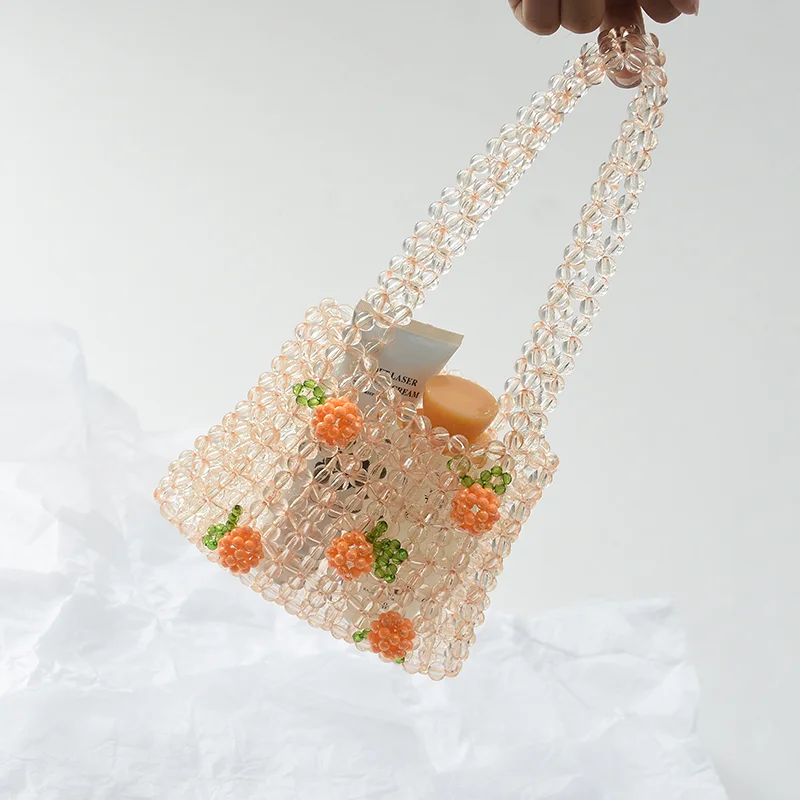 Retro Orange Beaded Bag Clear Crystal Jelly Clutch Bag Girl Beaded Woven Handbag for Woman 2022 Handmade Bags Luxury Designer