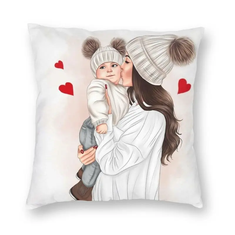 

Cartoon Fashion Super Mom And Baby Love Cushion Cover 45x45 Home Decor Print Mother Throw Pillow for Living Room Double Side