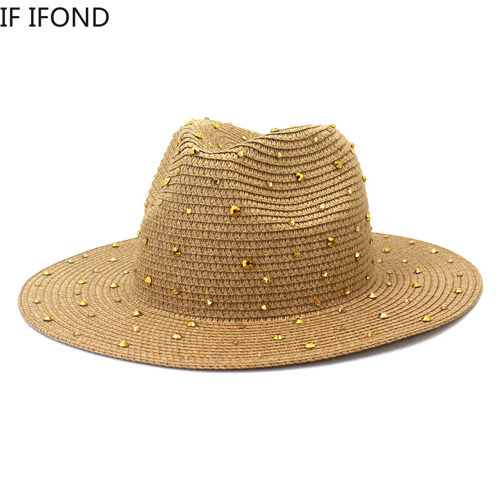 Hand made Diamond Straw Hat For Women\'s Summer Wide side Jazz Dress Cap Holiday Sun Protection Beach Hats