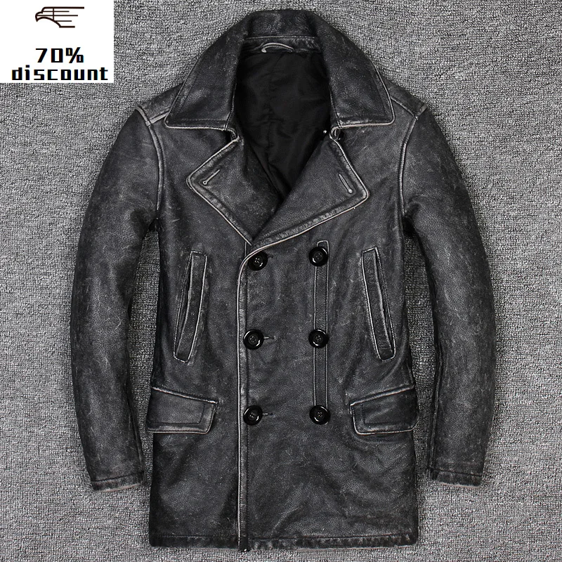 

2020 New Men's Genuine leather jacket mens Western style medium long windbreaker Vintage business leisure top cow leather coat