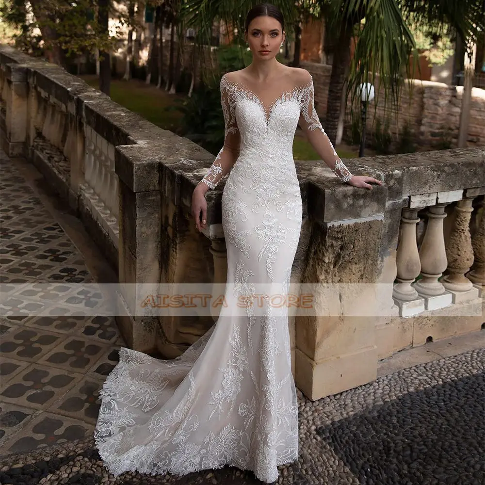 Vestido de novia de sirena Vintage, apliques de encaje con cuello en V, Mangas de ilusión, tren de barrido de botones, vestidos de novia, Ves