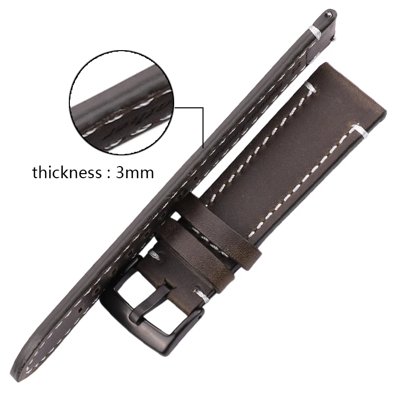 HENGRC Cowhide Strap 18mm 20mm 22mm 24mm Genuine Leather Watchband Manual Men Thick Brown Black Watch Band Belt Buckle