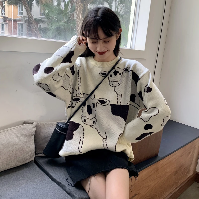 Vintage Casual Loose Lazy Cow Sweater Female Korean Harajuku Women\'s Sweaters Japanese Kawaii Cute Ulzzang Clothing For Women