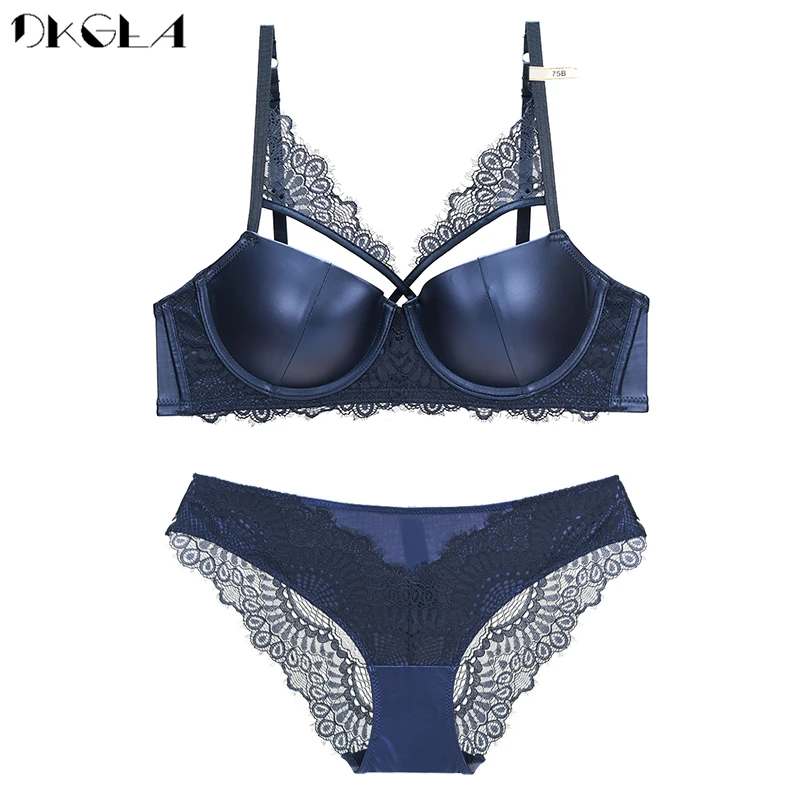 High Quality Synthetic Leather Lingerie Set Women Sexy Bandage Brassiere Glossy Push-Up Bra Set Thick Underwear Lace Fashion