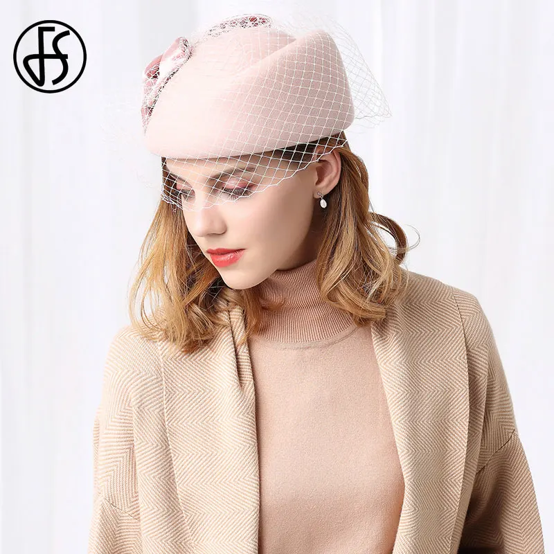 FS Ladies Wool Fedora Hats Wedding Pink Red Black Church Tea Party Fascinator French Berets Winter Pillbox Hat With Veil Hats