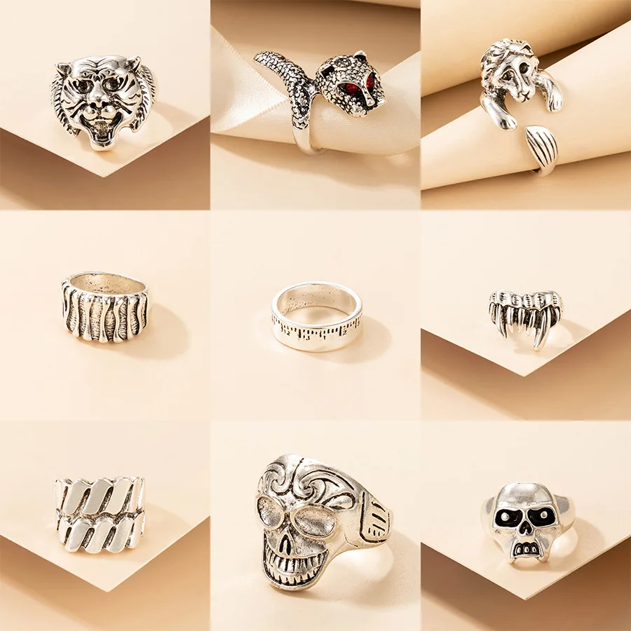 

2021 Vintage Gothic Wolf Head Ladies Ring Silver Skull Lion Head Adjustable Ring Punk Hip Hop Bohemian Men's Ring Jewelry