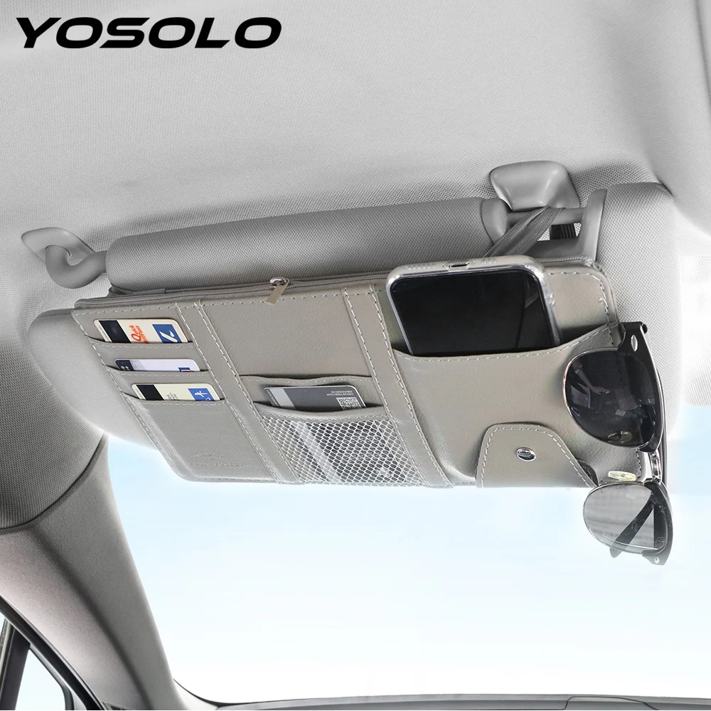 YOSOLO Car Sun Visor Storage Pouch Bill Card CD Phone Holder Storage Box Leather Sunglasses Clip With Zipper Multifunctional