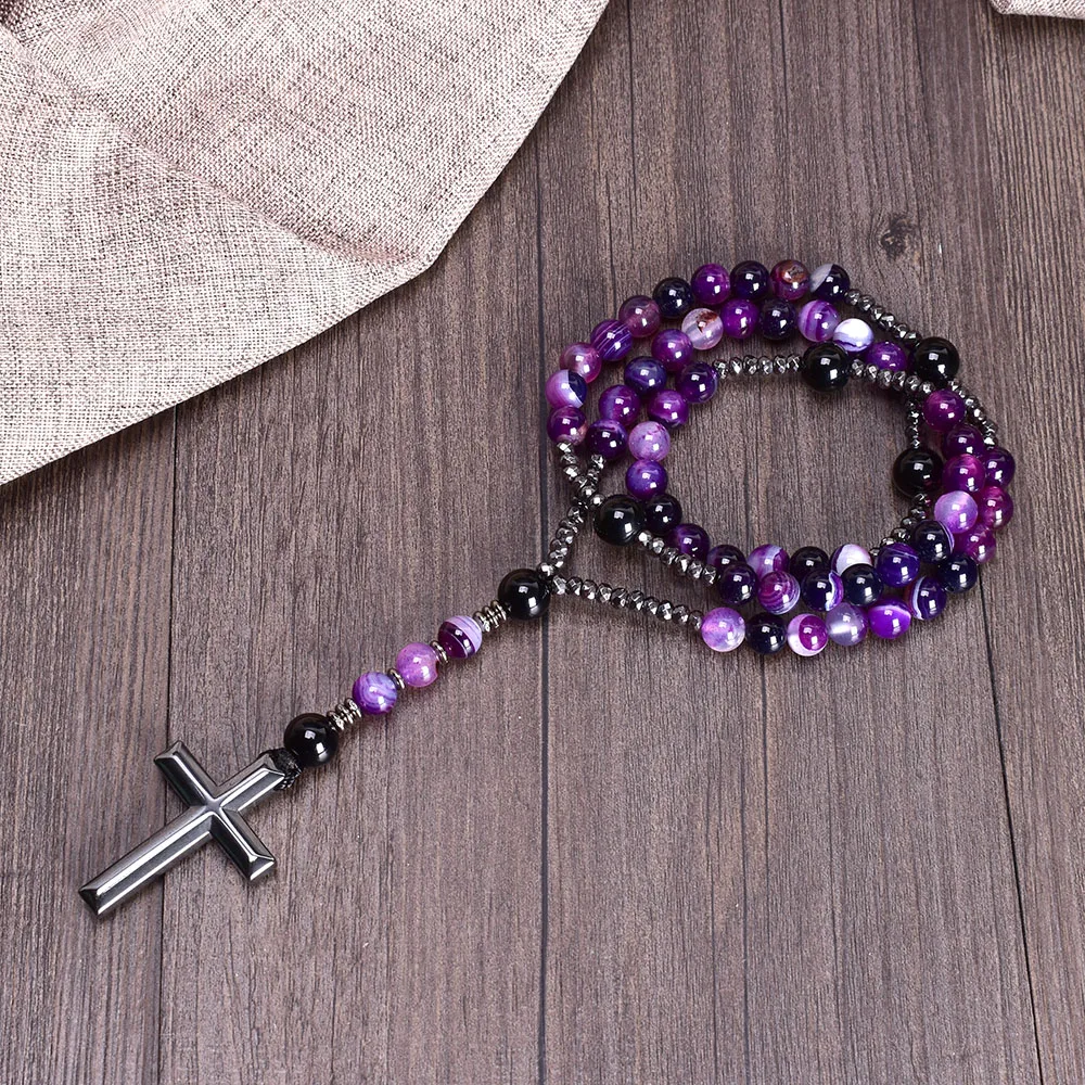 8mm Purple Lace Agate Catholic Christ Rosary Necklaces for Women Hematite Cross Pendant Mala Jewelry Gift Wholesale Dropship