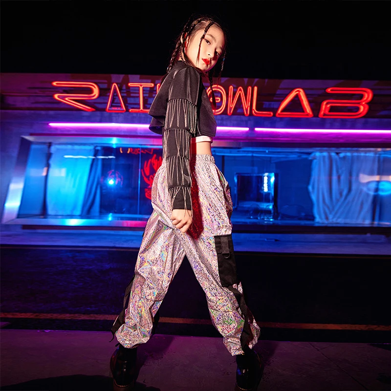 Hip Hop Jazz Dance Kostüm Mädchen Kpop Bühne Outfit Quaste Schwarze Jacke Helle Cargo Hosen Modenschau Kleidung Street Dance Tragen