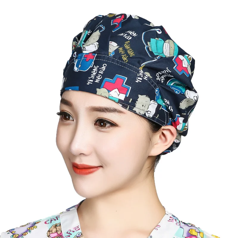 Chapeaux bouffants en coton pour cheveux longs, avec bandeau imprimé réglable, pour Salon de beauté, vêtements de travail pour soins infirmiers