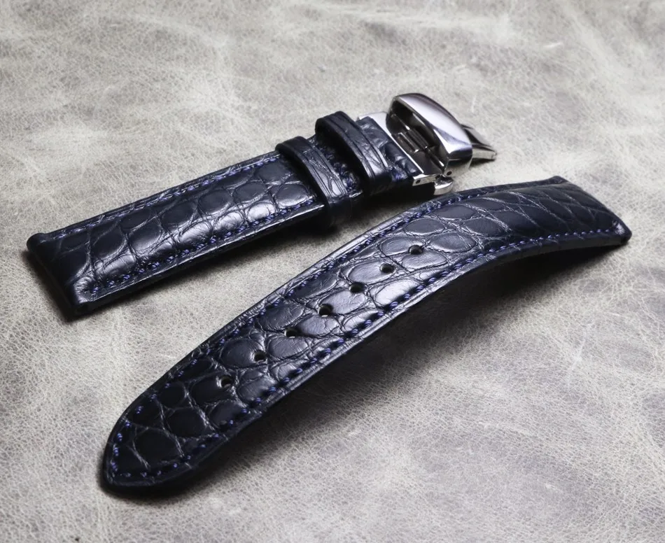 

Handmade High Quality Dark Blue 20mm 21mm 22mm Crocodile Leather Butterfly Buckle Watchband Strap For Seiko Fossil Etc Brand