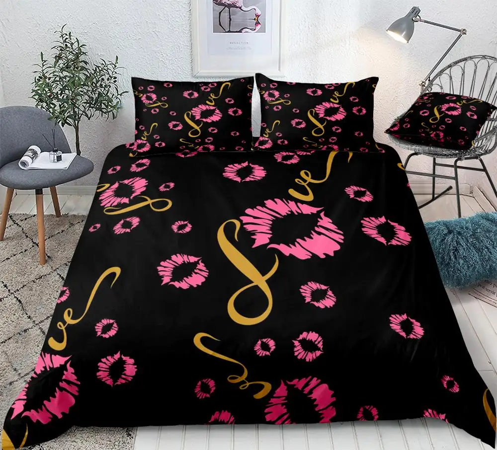 Hot Lips Bedding Set Kisses Bed Linen Red Lips Duvet Cover Set Girls Women Home Textile Black Bedding Set Microfiber Bedclothes