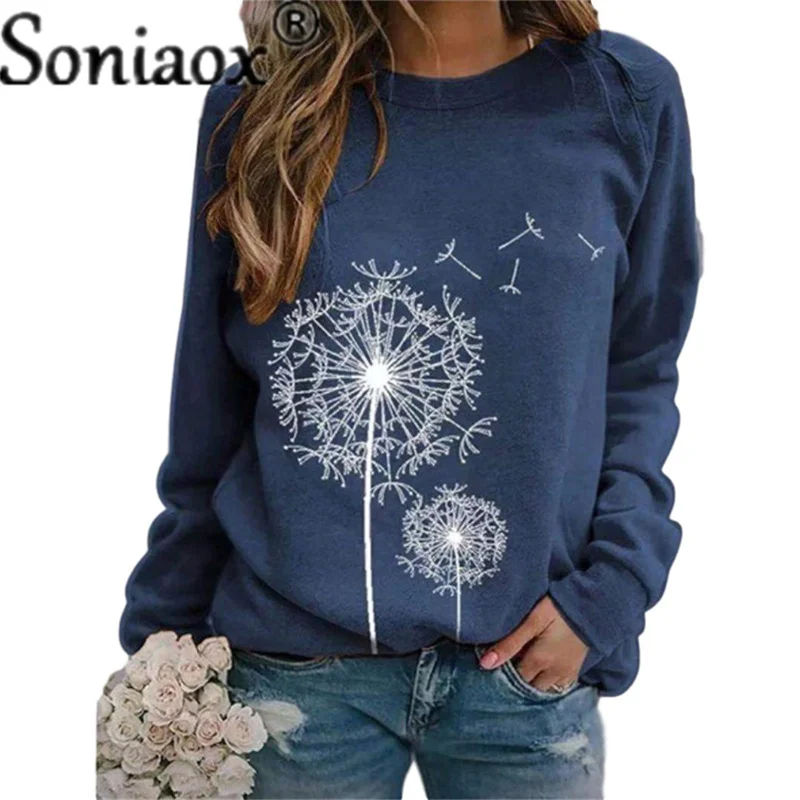 2021 Autumn Winter Women New Dandelion Print Round Neck Long Sleeve Sweatshirt Ladies Fashion Loose Casual Pullover