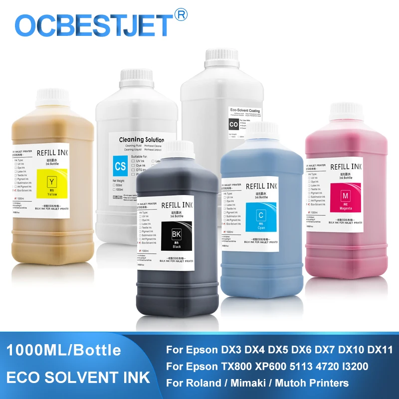 1000ML Eco-Solvent Ink For Epson/Roland/Mimaki/Mutoh DX4 DX5 DX6 DX7 DX10 TX800 XP600 5113 4720 I3200 Printhead Eco Solvent Ink