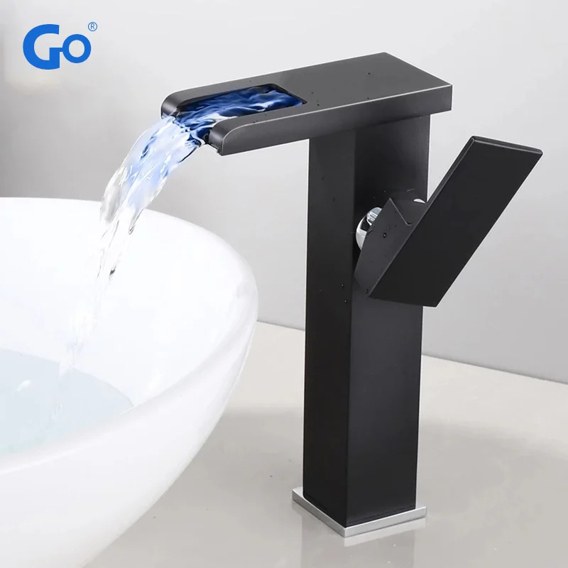 

Brass LED Waterfall Bathroom Basin Faucet Cold Hot Water Mixer Crane Sink Tap Black Color Change Powered by Water Flow Faucets