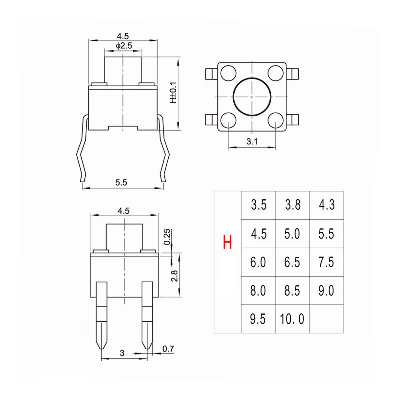 20 unids/lote 4,5*4,5mm Panel PCB interruptor momentáneo juguete interruptor Mini botón DIP lado 4Pin * 4,5*4,5*3,8/4,3/4,5/5/6/7/8mm