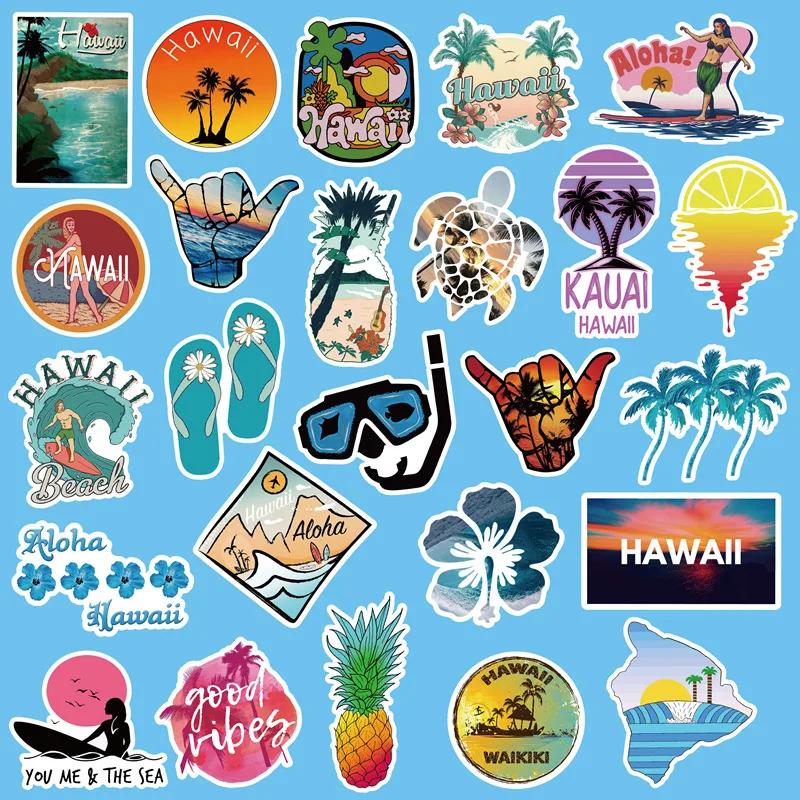 10/30/50PCS Outdoor Hawaii Surfing Stickers Summer Tropical Beach Surfing Waterproof DIY Surfboard Car Skateboard Decal Sticker