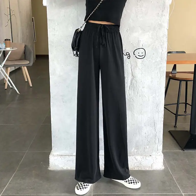 Wide Leg Pants Women Pure Black Lace-up Korean Style Loose Leisure High Waists Female Spring Long Daily Trousers Streetwear Fall