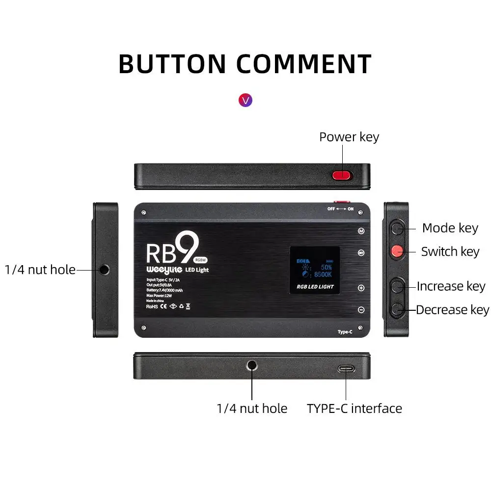 Viltrox Weeylite RB9 12W Full Color RGB LED Light 3000mAh Portable Video Fill Panel CR95+ 2500K-8500K APP Control Photo Lighting