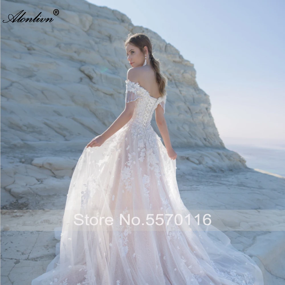 Alonlivn Chic Beach Wedding Dress Sweetheart Off Shoulder Beading 3D Appliques With Tassels Bridal Gowns