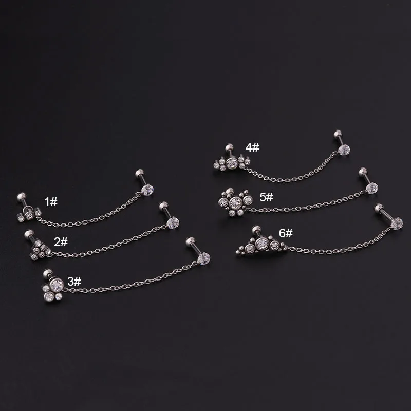 1PC 16g Stainless Steel Cz Double Hole Chains Separable Piercing Stud Earrings Back Srecw Back Stud for Women
