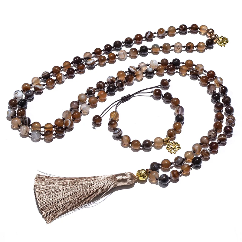 

8mm Coffee Agate Beaded Knotted Japamala Necklace Meditation Yoga Blessing Bracelet Set 108 Rosary Women Charm Jewelry