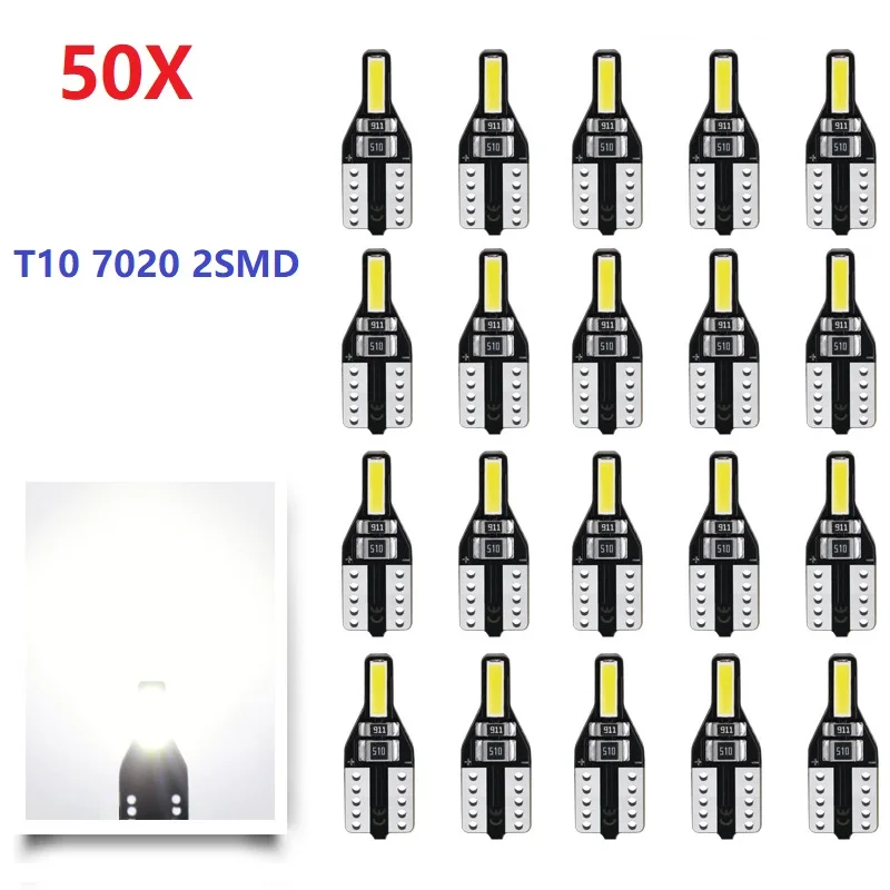 

50pcs LED W5W T10 194 168 W5W 7020 2SMD Led Parking Bulb Auto Wedge Clearance Lamp CANBUS Bright White 6000K License Car Light