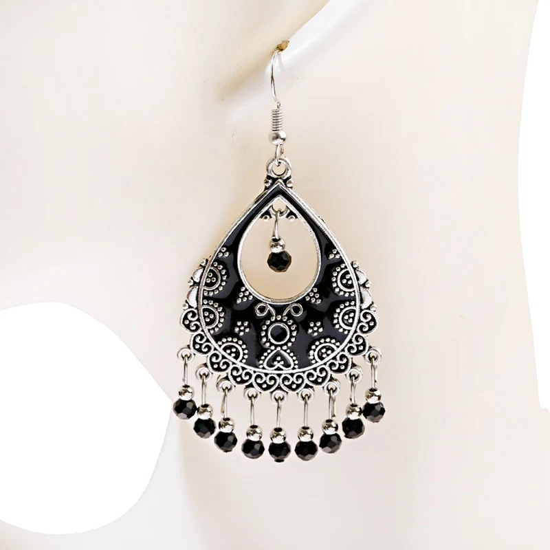 Vintage Red Beads Tassel Wedding Earrings Indian Jhumka Antique Boho Silver Color Flower Carved Drop Earrings Brincos Jewelry