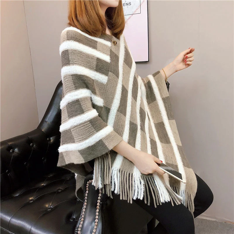 Poncho Women Red Striped Shawl Cloak Autumn Clothing New Tassel Bat Knitted Cape Fashion V-neck Irregular Blue Pullover Femme