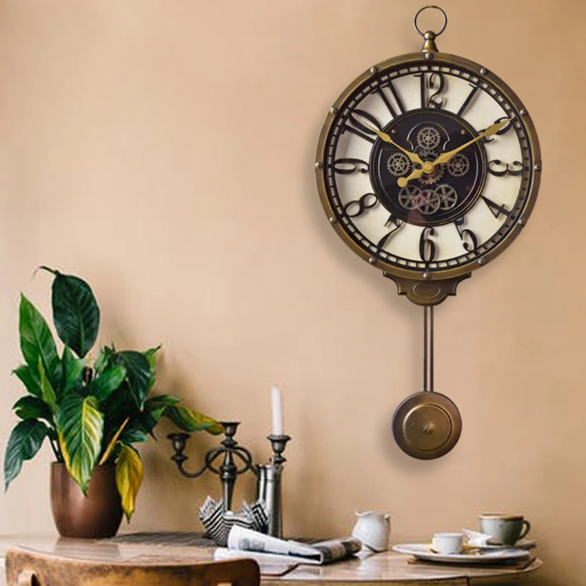 

Free Shipping American Style Home Decor Vintage Wall Clock Pendulum Watch Antique Ornament Gear Pattern Metal Mute Quartz 270