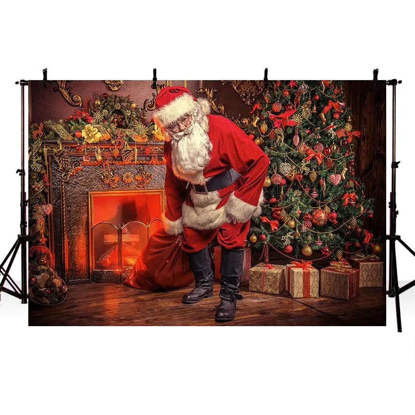 Avezano ฉากหลังสุขสันต์วันคริสต์มาสต้นฤดูหนาว Santa Claus ของขวัญเตาผิงเด็กถ่ายภาพพื้นหลัง Photo Studio Photozone