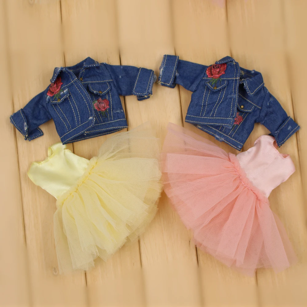 Outfits for Blyth doll Pink and Yellow Gauzy Skirt with Denim jacket suit for 1/6 BJD azone icy dbs