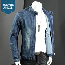 Autumn Mens Denim Jacket Stand Collar Long Sleeve Slim Fit Zip Vintage Biker Jackets Street Fashion Patchwork Casual Short Coat