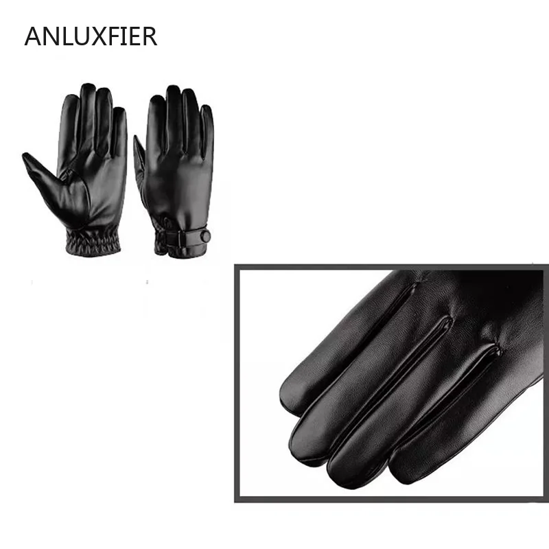 H9903 Women Leather Gloves Men Winter Touch Screen Windproof Warm Black Mittens Thermal Thick Driving Fashion Simple Hand Muff image 3