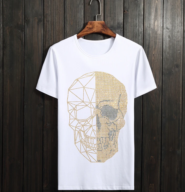 S-6XL  Summer Top Mens Skulls Rhinestones Skull Graphic  t Shirt  Modal Cotton Anime Short Sleeve Slim Tee