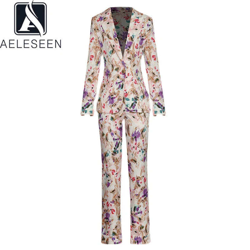 Aelesaw Runway Fashion 2 pezzi Set primavera Blazer da donna di alta qualità + pantaloni a figura intera abito da donna con stampa floreale