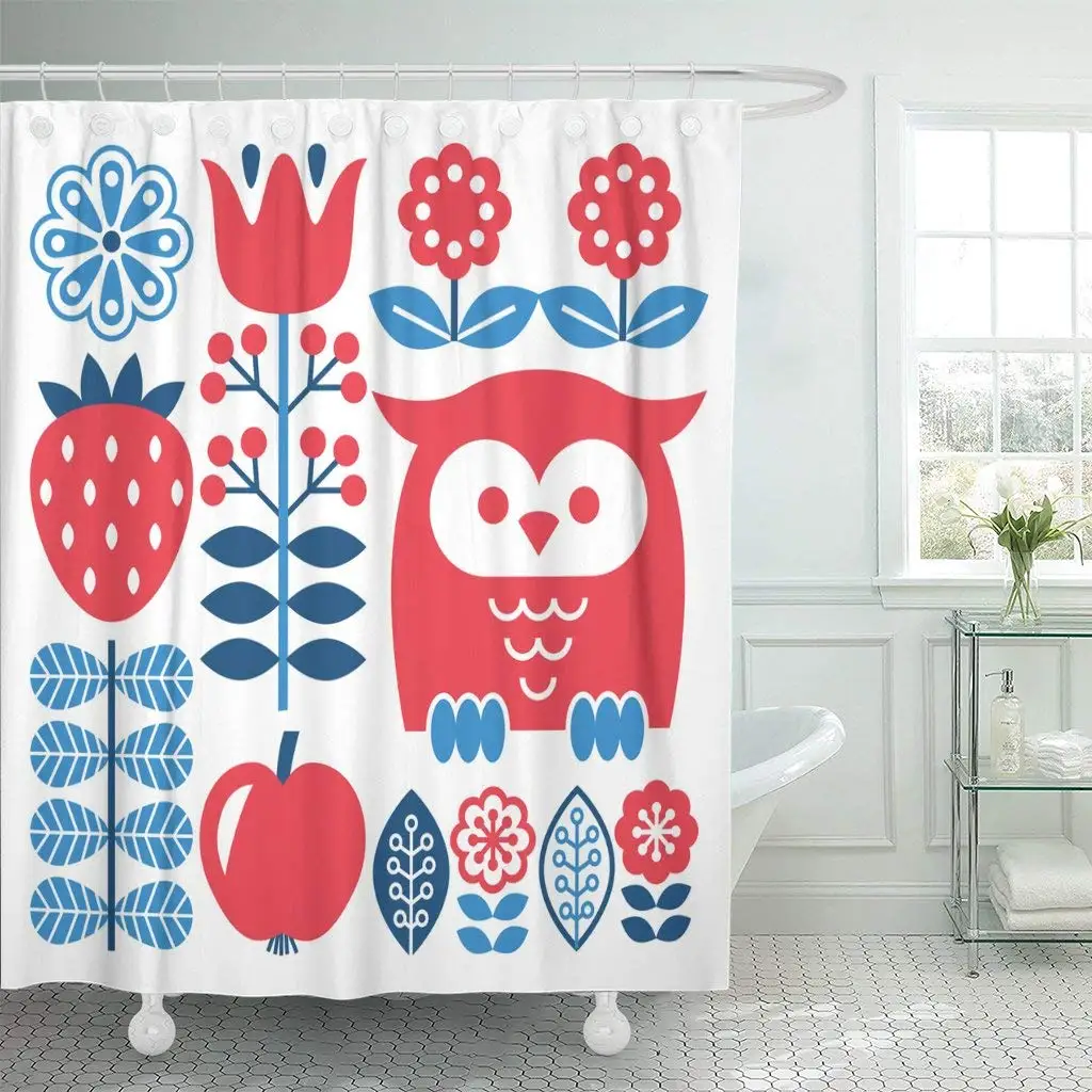 Blue Swedish Finnish Inspired Folk Pattern Scandinavian Nordic Red Shower Curtain Waterproof Polyester Fabric 60 x 72 Inches Set