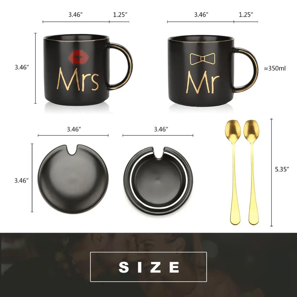 Mr and Mrs Coffee Mugs Creative Couples Black Ceramic Cups Wedding Gifts for Newlyweds Cup Set Perfect Gift-Set for Engagement