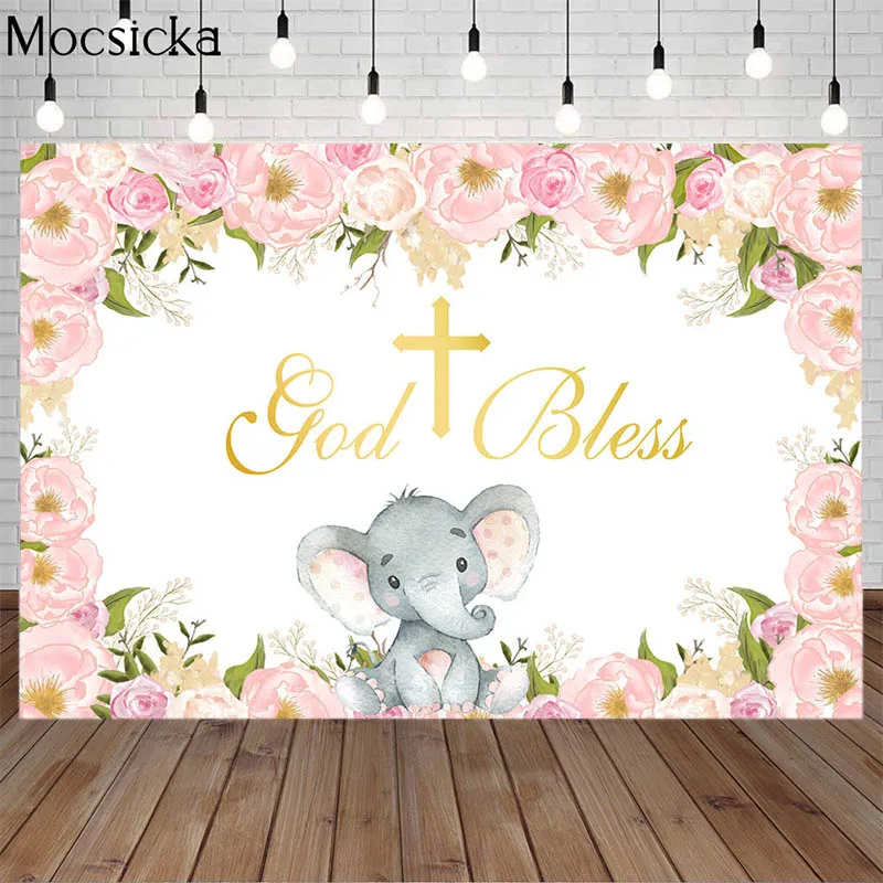 Mocsicka Baby Dusche Kulissen Gott Segnen Neugeborenen Baby Taufe Elefanten Kind Geburtstag Porträt Party Foto Hintergrund Photo