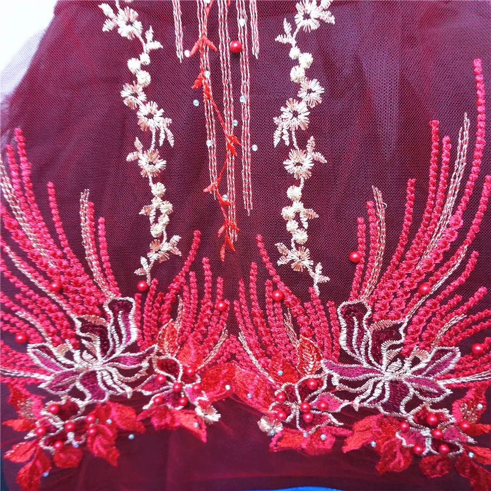 1 Set Red Lace Fabric Flower Tassel Beads Rhinestone Embroidered Wedding Gown Appliques Mesh Sew Patch For Dress DIY Decoration