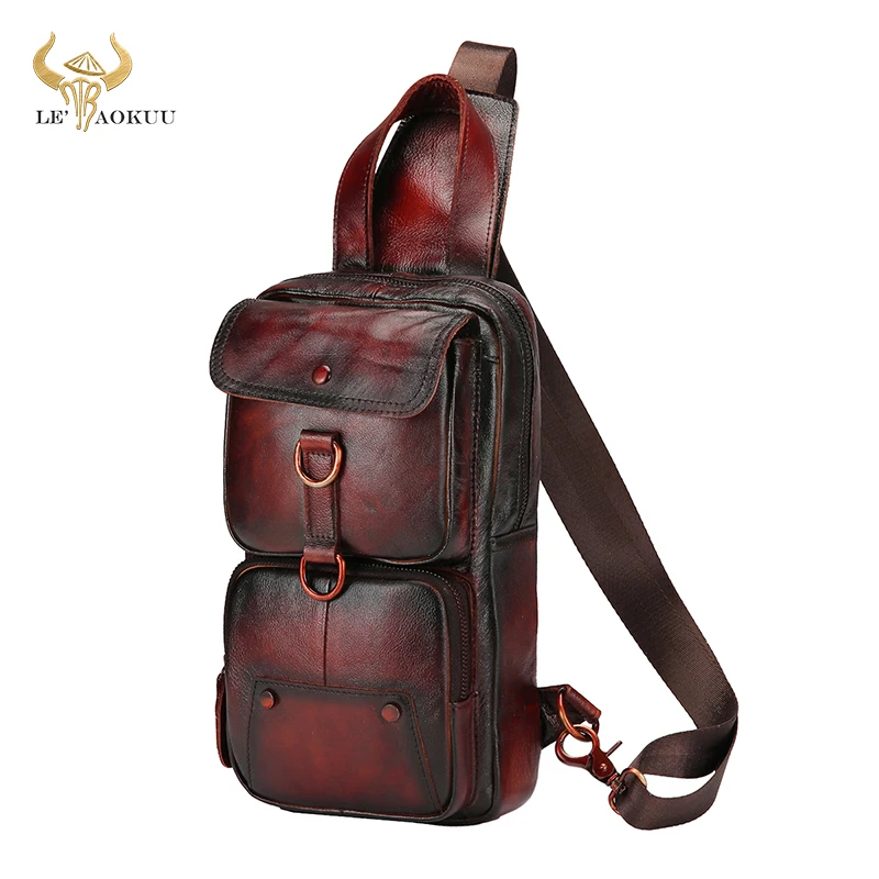 

New Hot Sale Soft Top Quality Leather Retro Sling Chest Bag 8" Tablet Design One Shoulder Strap Cross-body Bag For Men Male 8021