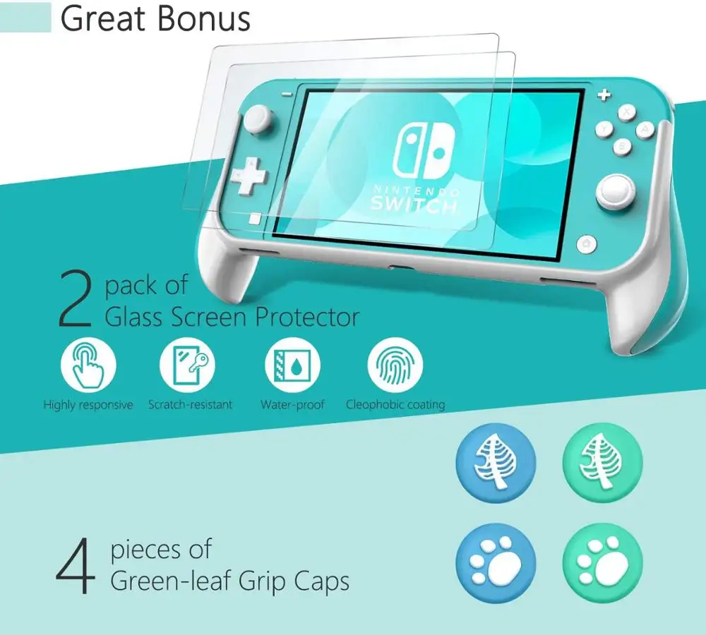 For Nintendo Switch Lite Grip Case, Switch Lite Hand Grips Handles Ergonomic Protective Case & Screen Protector Thumb Grip Caps