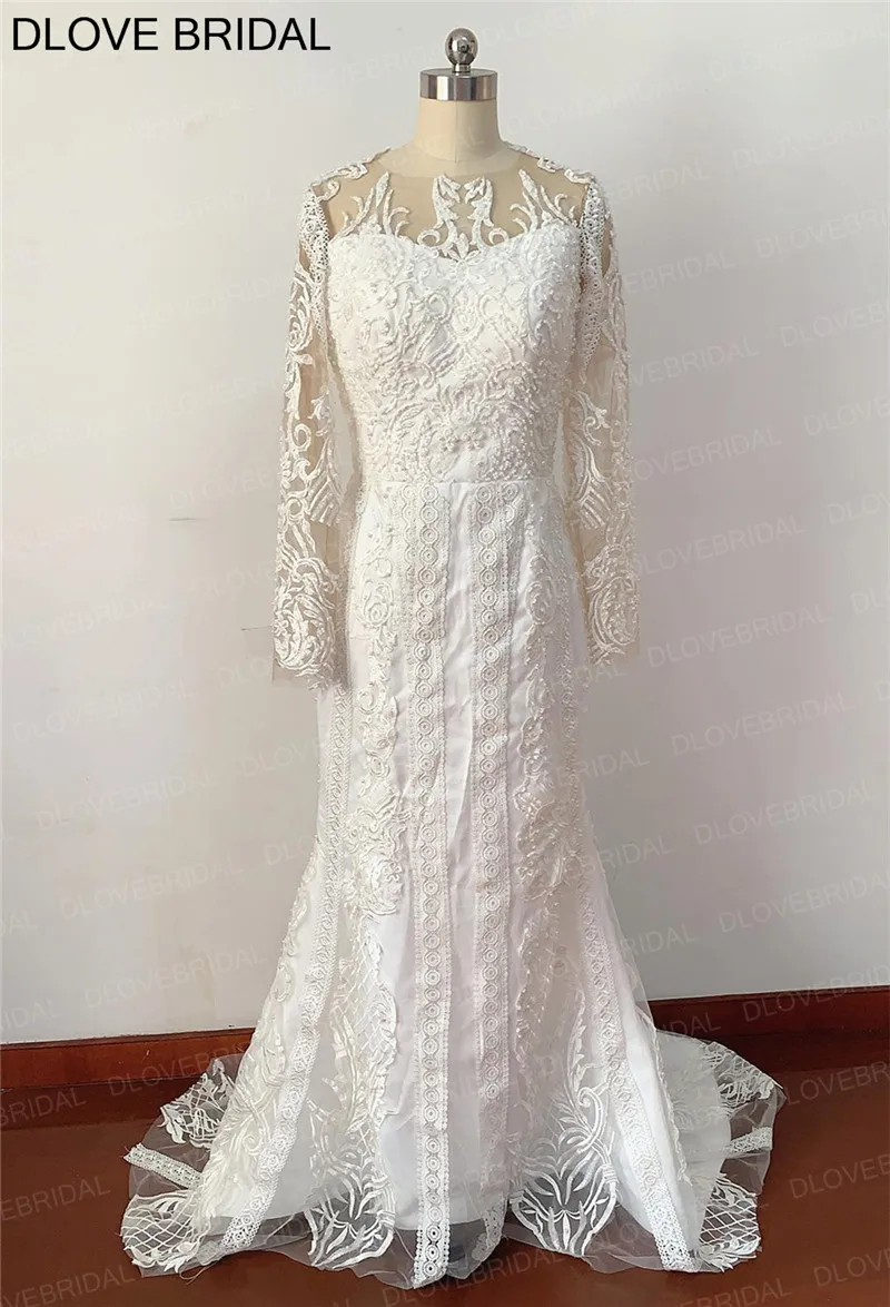 Stunning Detachable Wedding Dress with Long Sleeves High Quality Heavy Beaded Ivory Lace Bridal Gown Covered Buttons Real Photos