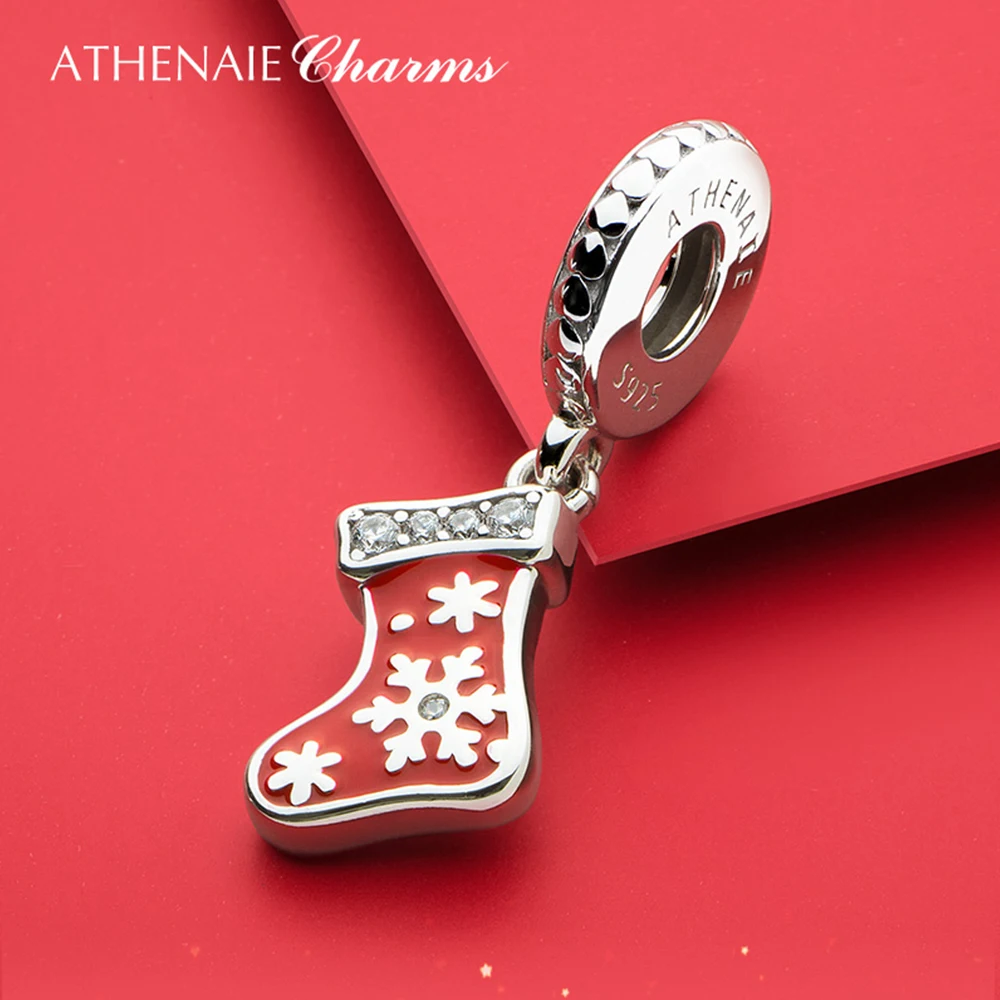 

ATHENAIE Christmas Stocking with Snowflake Pendant 925 Sterling Silver Red Enamel Dangle Charms for Bracelet