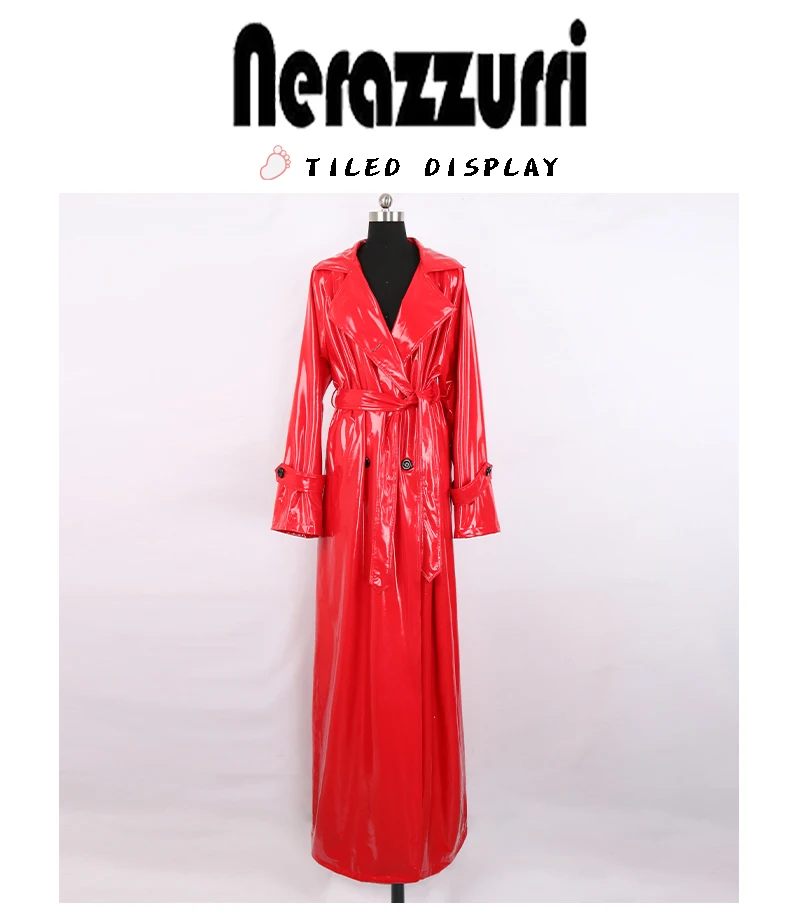 Nerazzurri Autumn Extra Long Soft Red Reflective Shiny Patent Leather Trench Coat for Women Double Breasted Maxi Korean Fashion
