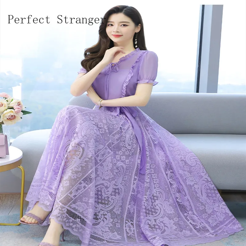 High Quality 2021 Summer Dress For Women Bow  Collar Solid Color  Short Sleeve Women Chiffon Lace  Long Dress